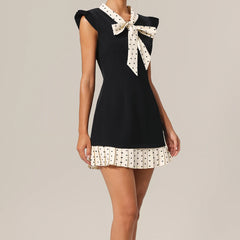 Ribbon V-Neck Pleated Hem Dotted Patchwork Mini Dress