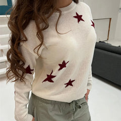 Person wearing a white sweater with red star patterns in an indoor setting