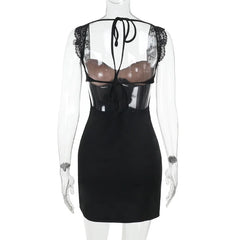 Black Lace Patchwork Strap Open Back Mini Dress