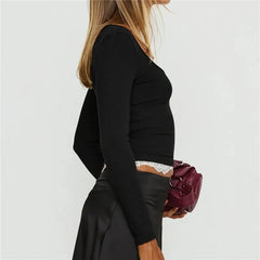 Square Neck Long Sleeve Lace Trim Top