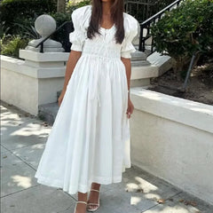 Ruched Puff Sleeve Elastic Midi Long Dress