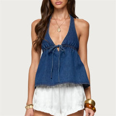 Denim Halter Tie Up Open Back Vest Top