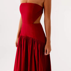 Red Waist Cutout Metal Buckle Tube Long Dress