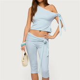 Off Shoulder Tie Sleeve Crop Top and Tie Waist Capri Pants Set