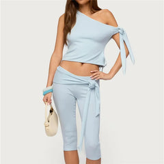Off Shoulder Tie Sleeve Crop Top and Tie Waist Capri Pants Set