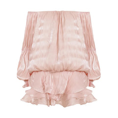 Satin Off Shoulder Lantern Sleeve Ruffled Mini Dress