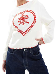 White Knit Flower Heart Sweater