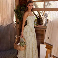 Floral Print Square Neck Strap Long Dress