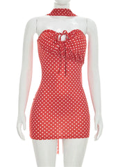 Red Dotted Tie Up Strapless Mini Dress With Scarf