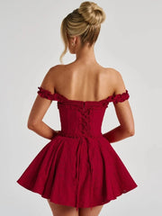 Red Off Sholder Ruffles Mini Dress