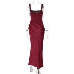 Square Neck Sleeveless Satin Waist Ruched Mermaid Maxi Dress