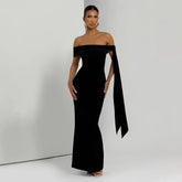 Slash Neck Off-Shoulder Ribbon Split Maxi Dress