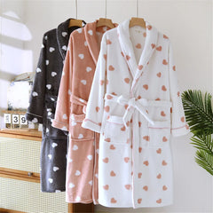 Heart Print Flannel Robe With Pocket