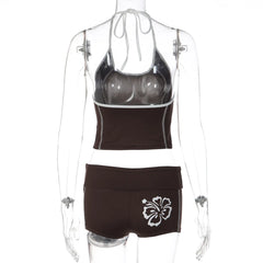 Halter Tie Up Crop Top With Flower Print Shorts Set