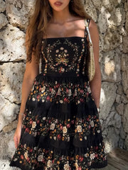 Black Floral Embroidered A-line Mini Dress