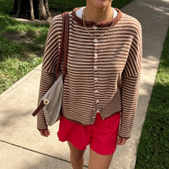 Striped Crew Neck Open Front Button Down Cardigan