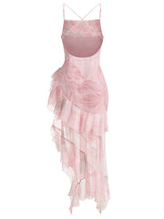 Pink Printed Ruffles Long Dress