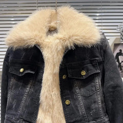 Faux Fur Collar Quilted Denim Crop Jacket