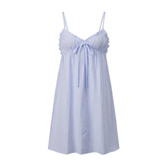 Blue Striped Spaghetti Strap Bow Detail Tie Mini Dress