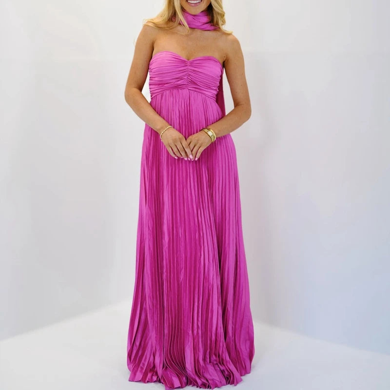Women's multi-color strapless maxi dress with empire waist.