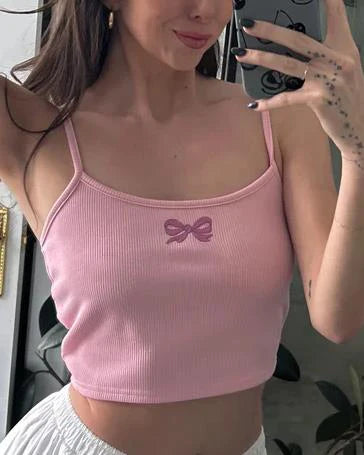 Pink bow embroidery cami crop top for women.