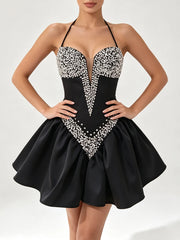 Diamond Beaded Tie-Up Neck A-Line Mini Dress