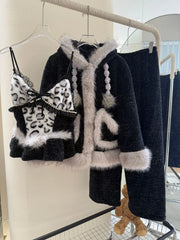 Black Fur Fleece 3 Piece Sleepwear Set