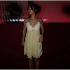 Yellow Lace Patchwork Spaghetti Strap Mini Dress