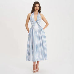 Blue Stripe Deep Halter Maxi Dress