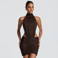 Bodycon Ruched Open-Back High-Neck Mini Dress