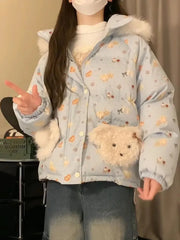Blue Printed Puff Teddy Hooded Parka Jacket