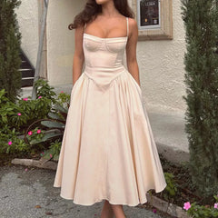 Solid Spaghetti Strap Bustier Pleated Midi Dress