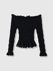 Black Smocked Slash Neck Long Sleeve Top