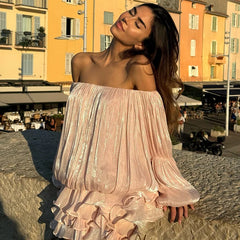 Satin Off Shoulder Lantern Sleeve Ruffled Mini Dress