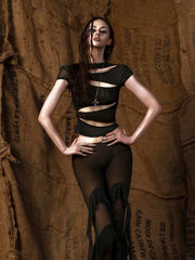 Black Mesh Slits Top