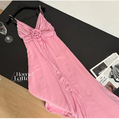 Pink V-Neck Spaghetti Strap 3D Flower Flowy Midi Dress