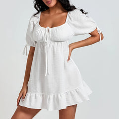 White Puff Sleeve Square Collar Babydoll Mini Dress