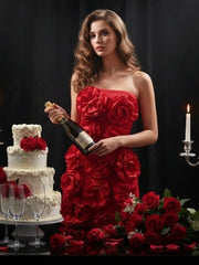 Red Strapless 3D Flower Mini Dress