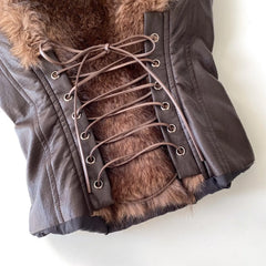 Faux Fur Leather Lace Up Strapless Smocked Crop Top