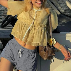 Mesh O Neck Short Sleeve Peplum Crop Top