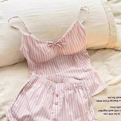 Pink Striped Spaghetti Strap Top And Shorts Pajamas Set