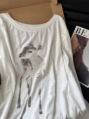 White Deer Print Long Sleeve T-shirt