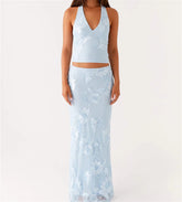 Floral Embroidered Maxi Skirt And Halter Crop Top Set