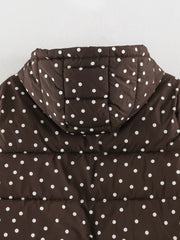 Polka Dot Zip Up Drawstring Hem Hooded Jacket