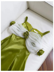 Green Satin Off-shoulder Patchwork Mesh 3d Flower Midi Dress
