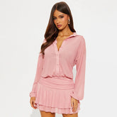 Button Up Collar Mesh See Through Long Sleeve Mini Dress