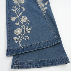 Low Waist Floral Embroidery Flare Denim Jeans