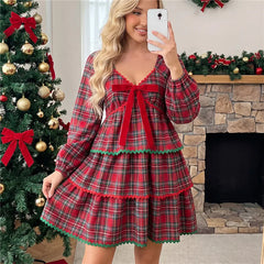Red Plaid Tiered Long Puff Sleeve Smocked Mini Dress