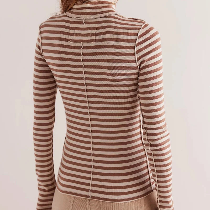 Brown and beige striped long-sleeve top- back view