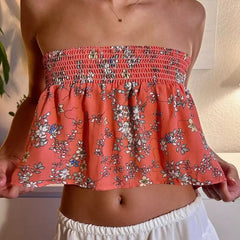 Flower Print Smocked Lace-up Tube Top